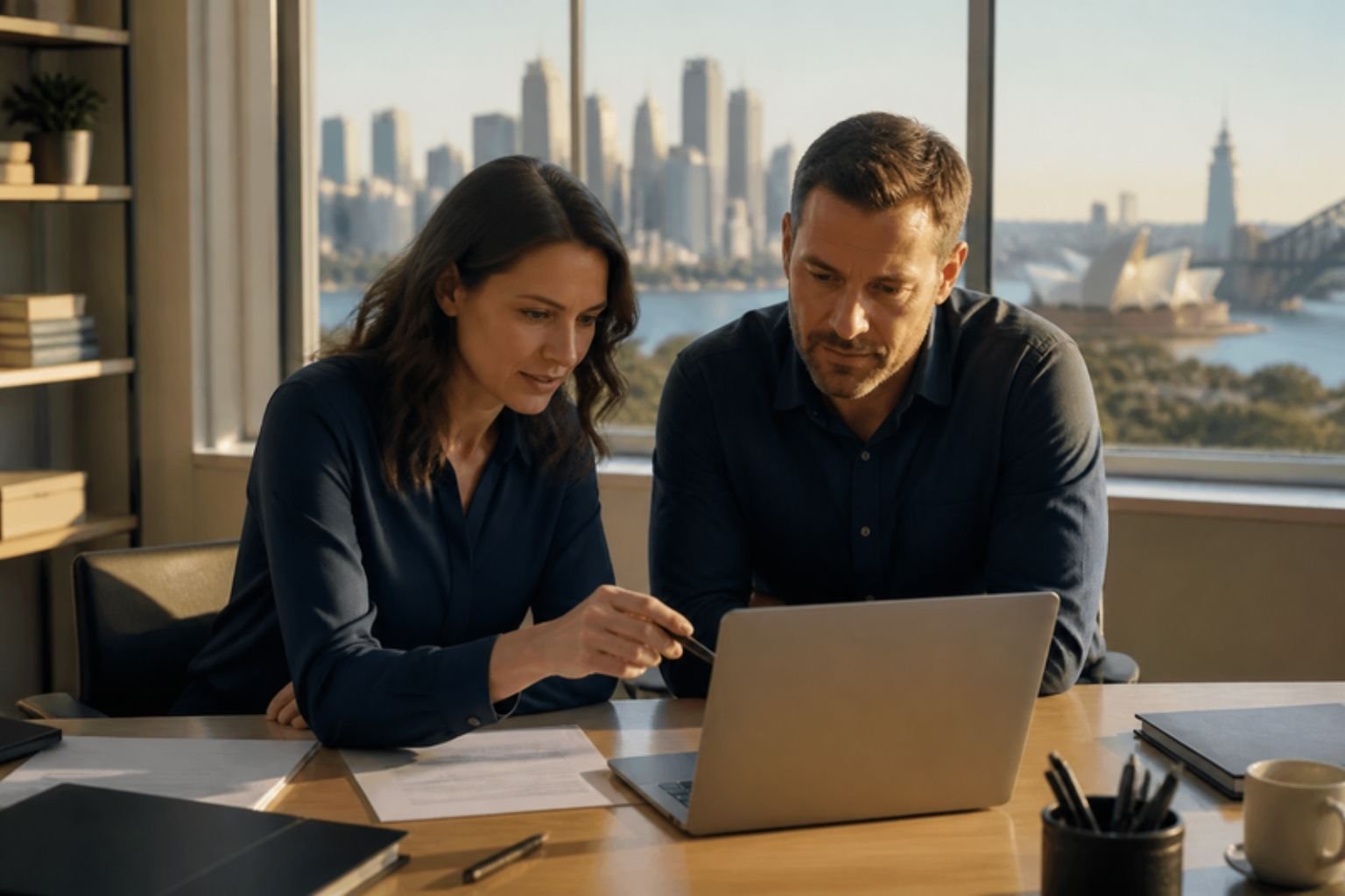 Two colleagues reviewing work on a laptop in a bright city office