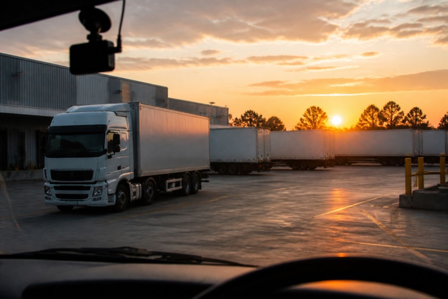 Truck in a logistics yard at sunrise